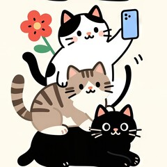Fototapeta premium Cute cartoon cats taking selfie with flower background in cheerful digital illustration