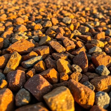 Close up texture of warm colored crushed rock aggregate foundation material illuminated by soft golden hour sunlight, surface, brown, solid