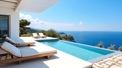 Fototapeta premium Luxurious modern villa with infinity pool overlooking beautiful clear blue ocean and scenic sky