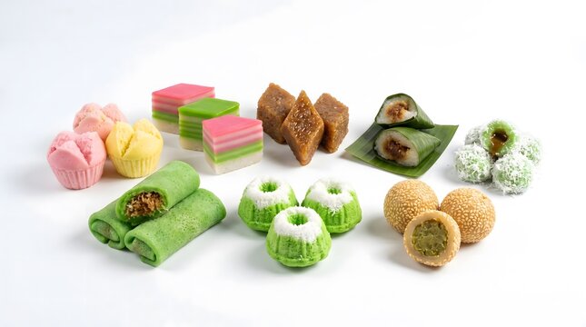 A high-angle, studio-shot photograph displaying a vibrant assortment of traditional Indonesian and Peranakan sweet delicacies