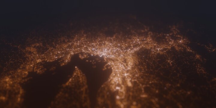 Street lights map of Oslo (Norway) with tilt-shift effect, view from south. Imitation of macro shot with blurred background. 3d render, selective focus