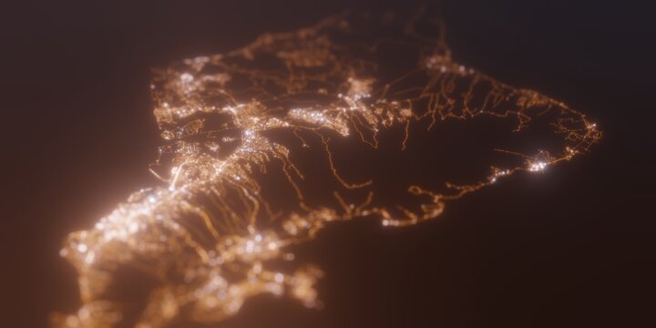 Street lights map of Oahu island (Hawaii, USA) with tilt-shift effect, view from east. Imitation of macro shot with blurred background. 3d render, selective focus