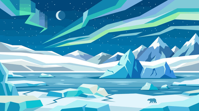 Polar bear on ice landscape scene.
