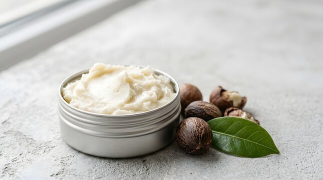 Natural shea butter in metal tin with raw nuts and green leaf.