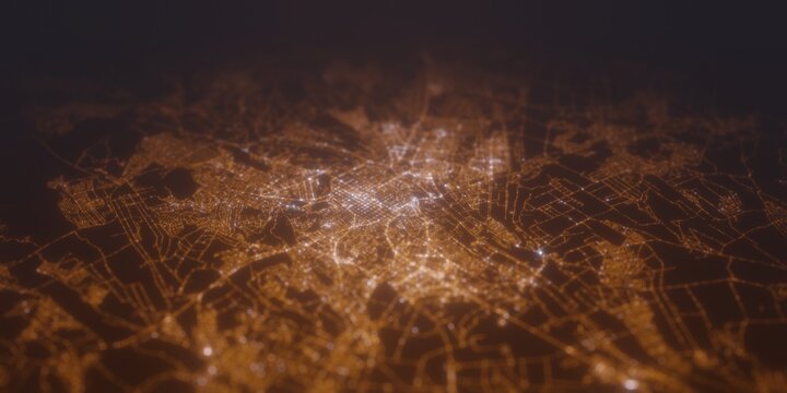 Street lights map of Chisinau (Moldova) with tilt-shift effect, view from south. Imitation of macro shot with blurred background. 3d render, selective focus