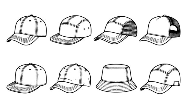 Hat and Cap Mockup Vector Icon Set with Snapback, Trucker, 5-Panel, and Bucket Hats for Apparel Merchandise Design and Streetwear Fashion Templates