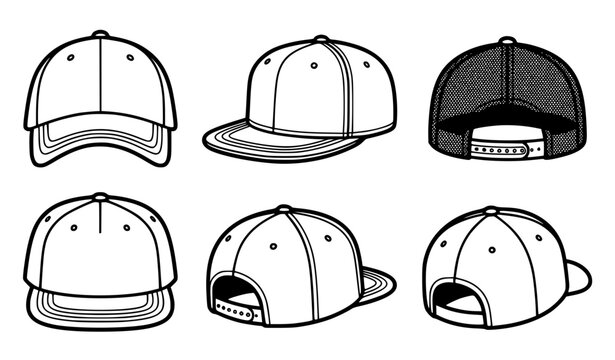 Baseball Cap Mockup Vector Icon Set with Snapback Hats Showing Front Side and Back Views for Apparel Merchandise Design and Streetwear Fashion Templates