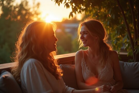 Two female friends sharing a happy moment on a balcony at sunset