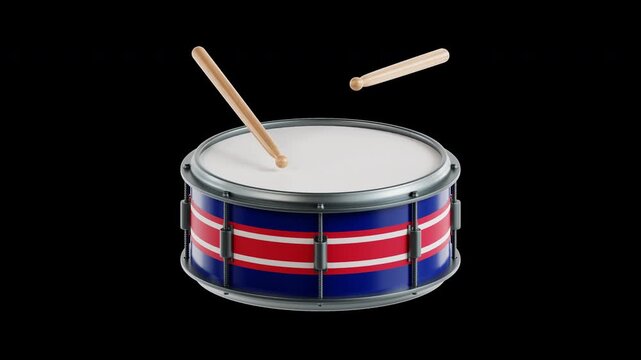 Realistic 3D marching snare drum with animated drumsticks performing rhythmic beats, detailed metallic materials, isolated on transparent background. Music, parade, patriotic, and branding projects.