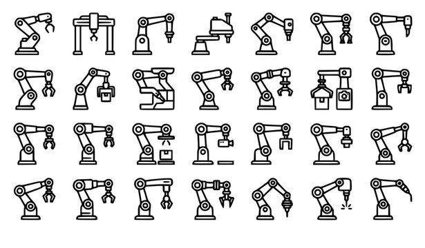 Industrial Robotic Arm Line Icon Collection for Smart Factory Automation Engineering and Manufacturing Vector Set