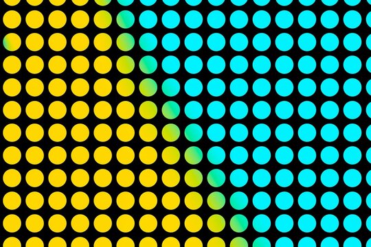 Digital halftone grid background with glowing blue and yellow circles
