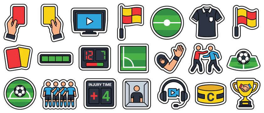 Football referee match sticker pack vector set with red card yellow card scoreboard injury time VAR captain armband trophy icons cartoon style for soccer graphic design
