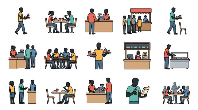 Editable stroke food court collection with customers carrying trays eating meals queue lines cashiers and multiple dining scenes in one detailed design