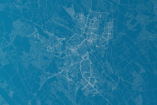 Map of the streets of Chisinau (Moldova) made with white lines on blue background. 3d render, illustration