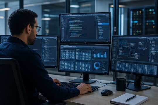 Database Administrator Working With SQL Queries And Analytics Dashboards On Multiple Monitors In Modern Office, Professional IT Environment And Data Management Concept
