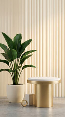 Fototapeta premium A golden display podium and a potted green plant against a ribbed cream background, symbolizing nature, luxury, and product presentation