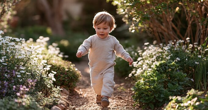In a bright garden filled with blooming spring flowers, a toddler proudly takes initial steps.