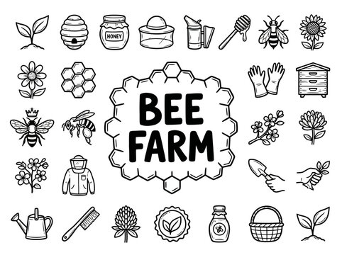 Bee Farm Icon Collection Line Drawing.