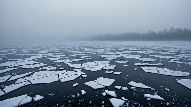 Cracked ice floes on a frozen lake in a misty winter landscape