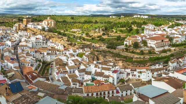 Spectacular aerial view panorama of Setenil de las Bodegas, a famous village de la Ruta de los Pueblos Blancos, white villages, between Cadiz and Malaga, Andalusia, Spain.