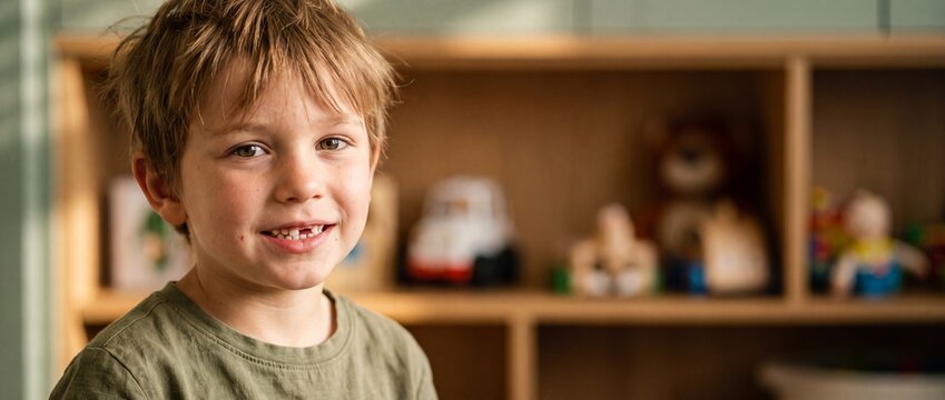 Smiling boy missing front tooth showing cute toothless grin at home. Happy male child celebrating losing his first baby milk tooth, posing indoors with blurry toy shelves background in childhood days.