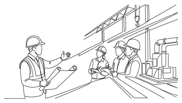 Continuous line drawing of industrial engineers discussing construction plans