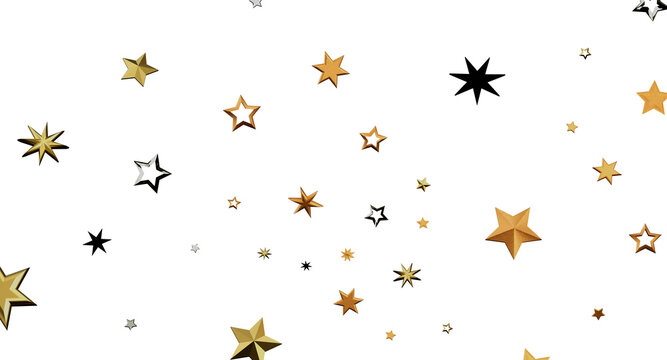 Abstract background featuring golden and black stars of different sizes scattered across a white surface. Ideal for fest