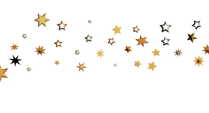Elegant gold star shapes in varying sizes float across a clean white backdrop. Perfect for holiday, celebration and fest