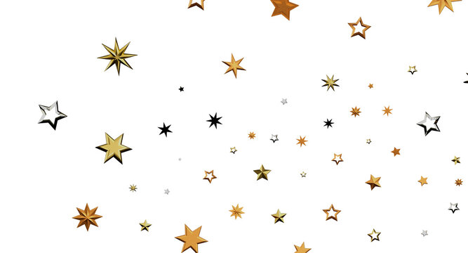 Elegant abstract design featuring gold, silver, and black stars on a white background. Perfect for holiday themes and ce