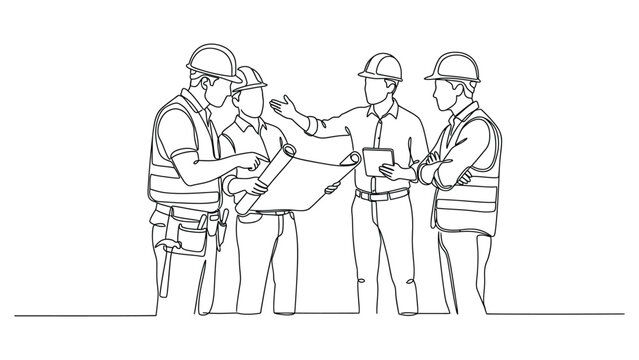 Continuous line drawing of a construction team reviewing project plans