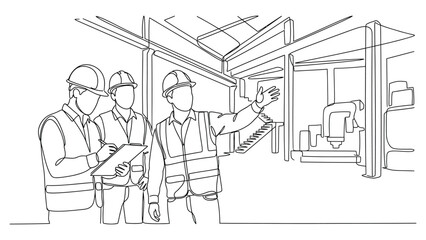 Obraz premium Continuous line drawing of three construction engineers discussing a project