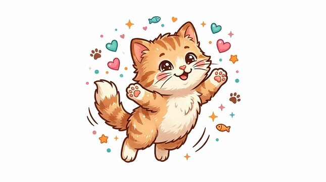 Cartoon orange cat dancing with colorful hearts and stars