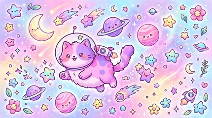 Naklejka premium Cartoon cat in space with stars and planets, smiling and wearing a helmet