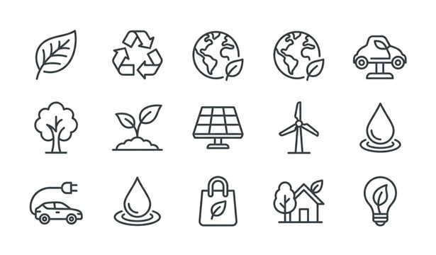Environment Outline Icon Set with Eco Nature and Sustainability Editable Line Symbols