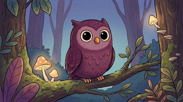 Whimsical purple owl sitting on tree branch in mystical forest