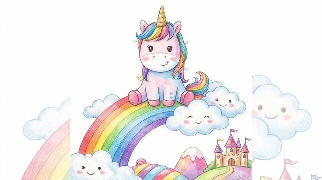 Colorful Unicorn Sitting on Rainbow with Clouds and Castle