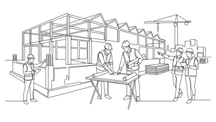 Obraz premium Architects and engineers working together at a construction site line art