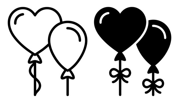 Black and white heart-shaped and oval balloons with strings and bows vector illustration on transparent background