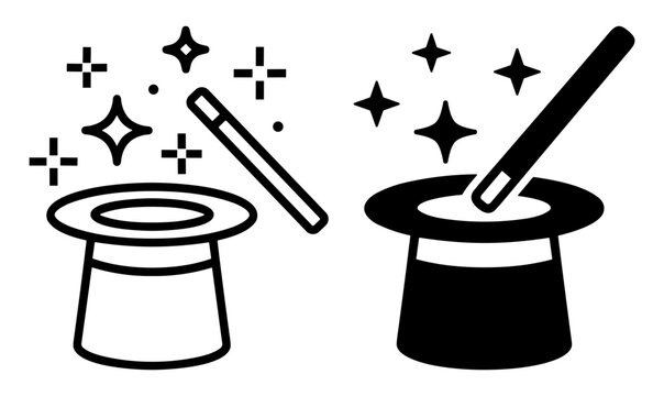 Black and white magic hat with magic wand and sparkles icon set on transparent background
