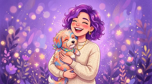 Woman Hugging Dog in Purple Glittery Garden