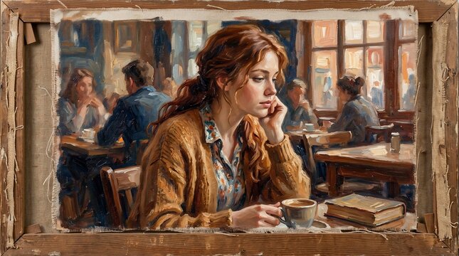 Woman sitting alone in cafe, lost in thought, sipping coffee