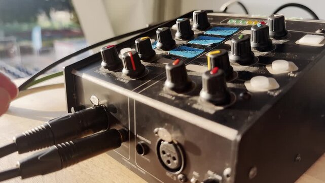 Close-up of a hand turning up the volume knob on a broadcast intercom unit, with connected audio cables, control dials, and live production gear.
