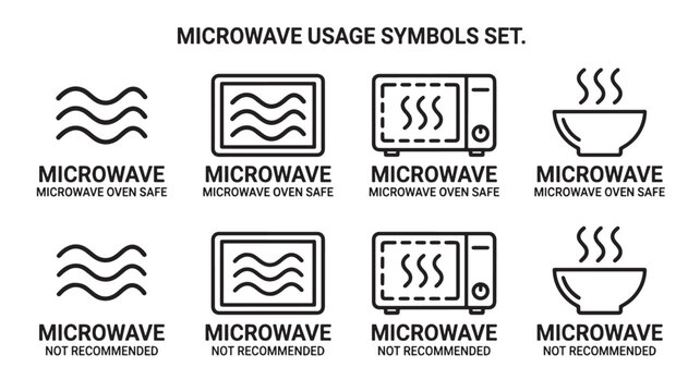 Microwave Usage Symbols Set Showing Recommended and Not Recommended Microwave Oven Safety Icons Featuring Safe, Unsafe, Illustration with Design