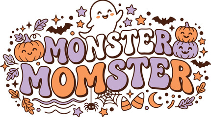 Fototapeta premium Halloween ghost momster monster graphic with pumpkins bats and candy