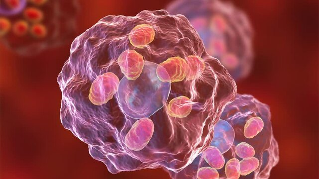 Leishmania amastigotes in macrophage, 3D animation showing intracellular round amastigote forms within human macrophages, characteristic of visceral and cutaneous leishmaniasis.