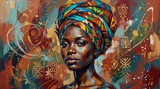 Vibrant Portrait of African Woman in Traditional Headwrap with Abstract Patterns