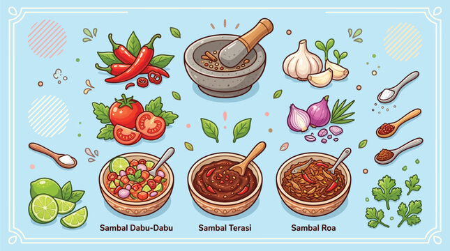 Vibrant illustration of Indonesian sambal varieties and their fresh ingredients including chili, tomatoes, garlic, and lime, with a mortar and pestle.