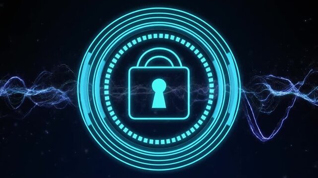Lock icon alerts users to active data protection protocols on a dark network background. This cyan lock graphic visualizes mainframe file encryption. Secure files via a tech lock.