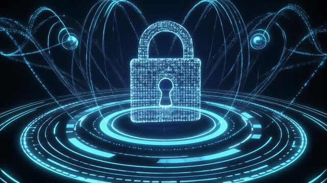 Padlock graphic monitors active data streams inside a circular hud safety interface panel. This glowing padlock icon indicates encrypted file safety. Run a secure system padlock.