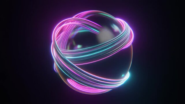 Torus knot twists elegantly against a dark abstract virtual background environment layout. Glowing torus knot shapes create smooth fluid motion. Track a vibrant tech torus knot.